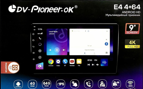 2 DIN DV-Pioneer ok E4 9"Андроид, 4 ядра, 4/64, с bluetooth Автомагнитола
